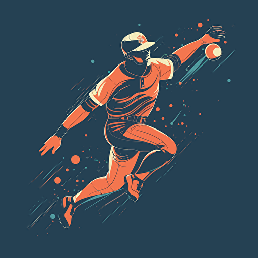 Create an image of a baseball player diving to catch a fly ball. Use a high-angle camera to capture the player's movement and the ball's trajectory. Use a dramatic color palette to enhance the mood vector style