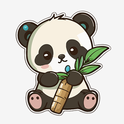 kawaii happy panda eating bamboo , sticker, vector, white backgraund, contour, cartoon style, full color