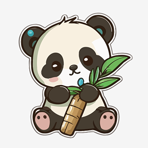 Kawaii happy panda eating bamboo, sticker, white backgraund, contour, cartoon style, full color, vector illustration
