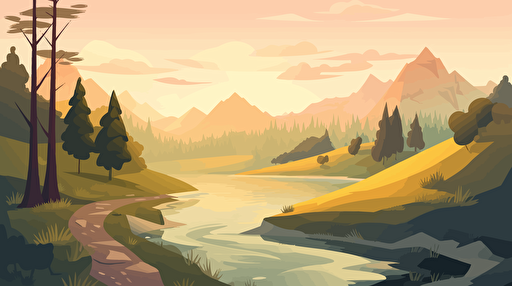 vector illustration of Landscape with trees , a mountain, a lake, multiple paths leading into the horizon.