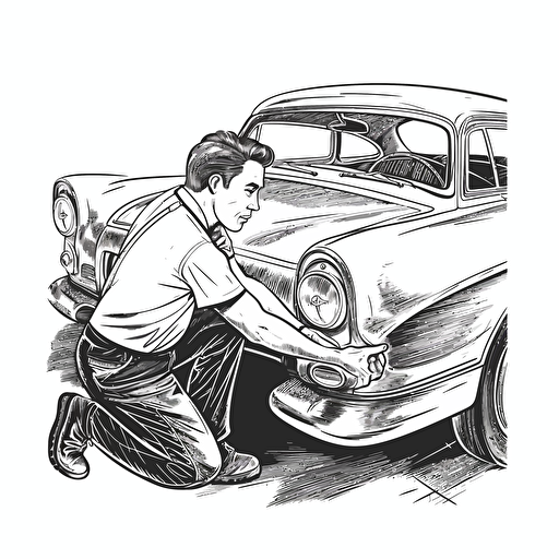 a guy working in his garage on restoring a classic car, black and white design, vector isolated on white