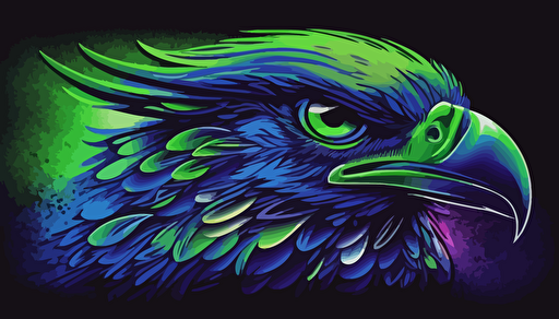 Seahawk head in Navy and Seahawk Blue with lime green eye, synth wave style, epic, high-definition, vector logo style, solar flare, pale lavender amethyst geode