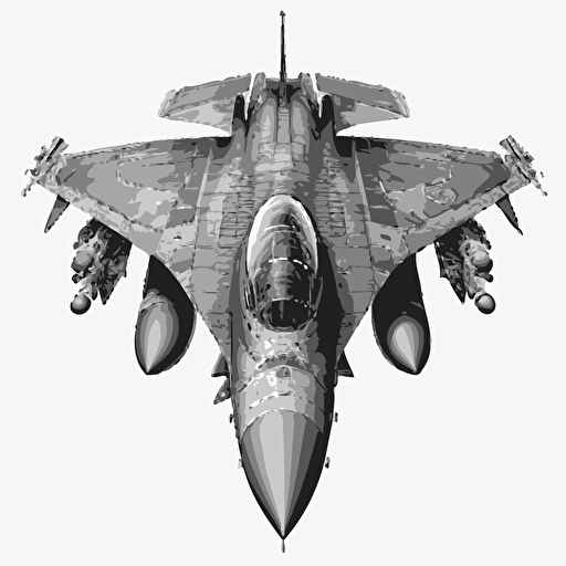 top view of a USAF F16 jet fighter, black and white, not much detail, no texture, no background clipart vector style