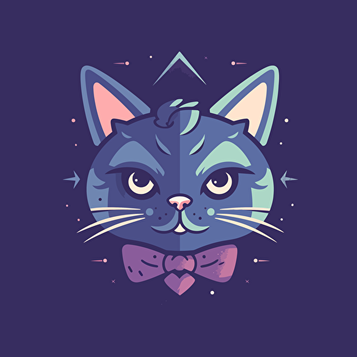 logo design, flat 2d vector logo of a cat in a bowtie, muted purple and blue colors, 80s, star-wars-inspired
