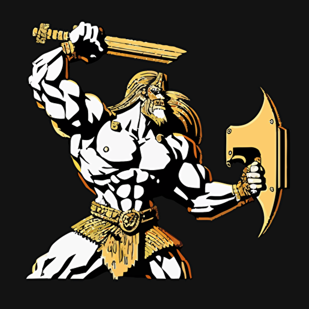 16bit golden axe, white on black background, no shading, 2D, vector, 3:4