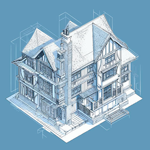 an isometric drawing of an Alsatian house, blueprint architecture, fineline, line, flat design, vector,
