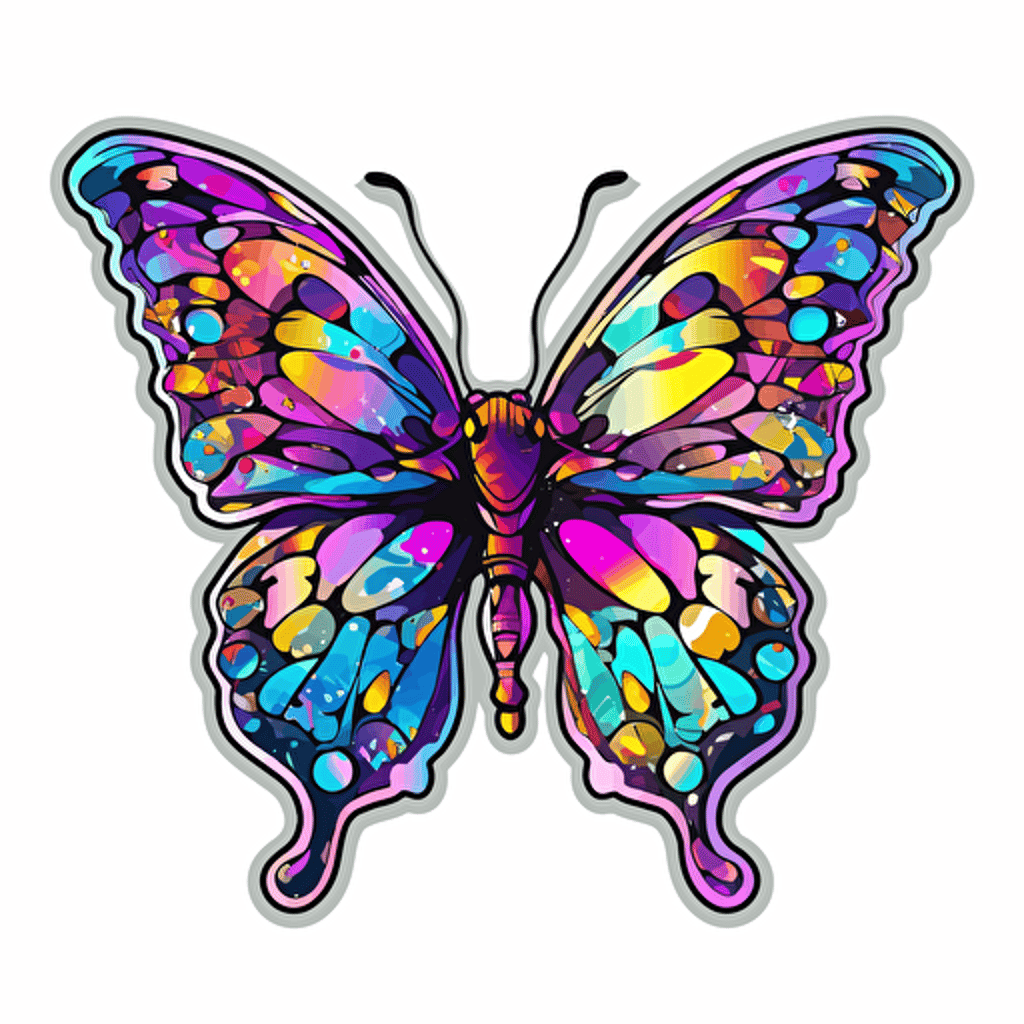 butterfly, lisa frank style, sticker, white background, contour vector, view from above, attention on detail and proportions