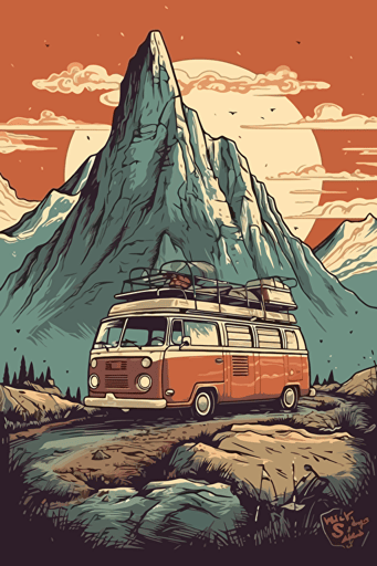 Create an illustration for paintings with a travel and adventure theme that inspire people to get out of their comfort zone and explore the world. Include a vw motor home. The illustration should be suitable for hanging in a room of any age, vector quality