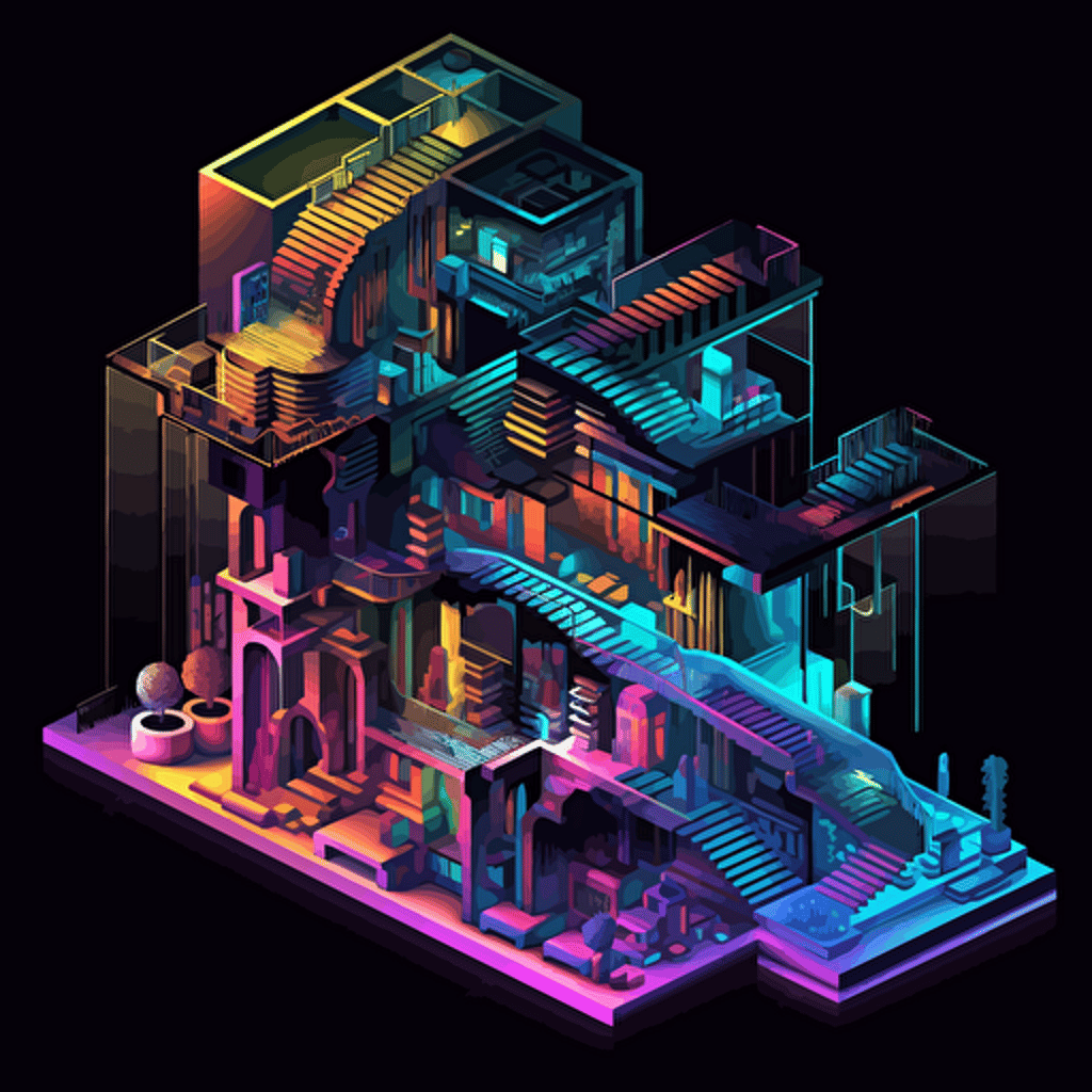 black mezzanine, cutaway view, many iridescent staircases, isometric, vector shapes, magical