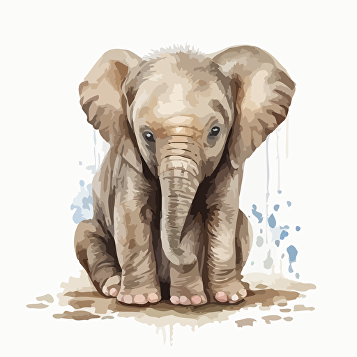 watercolor adorable baby elephant sitting, large eyes, vector style, white background