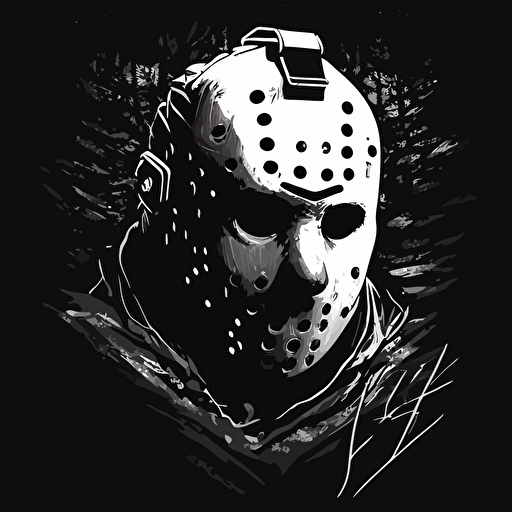 32bit jason Friday the 13th, white on black background, no shading, 2D, vector, 3:4