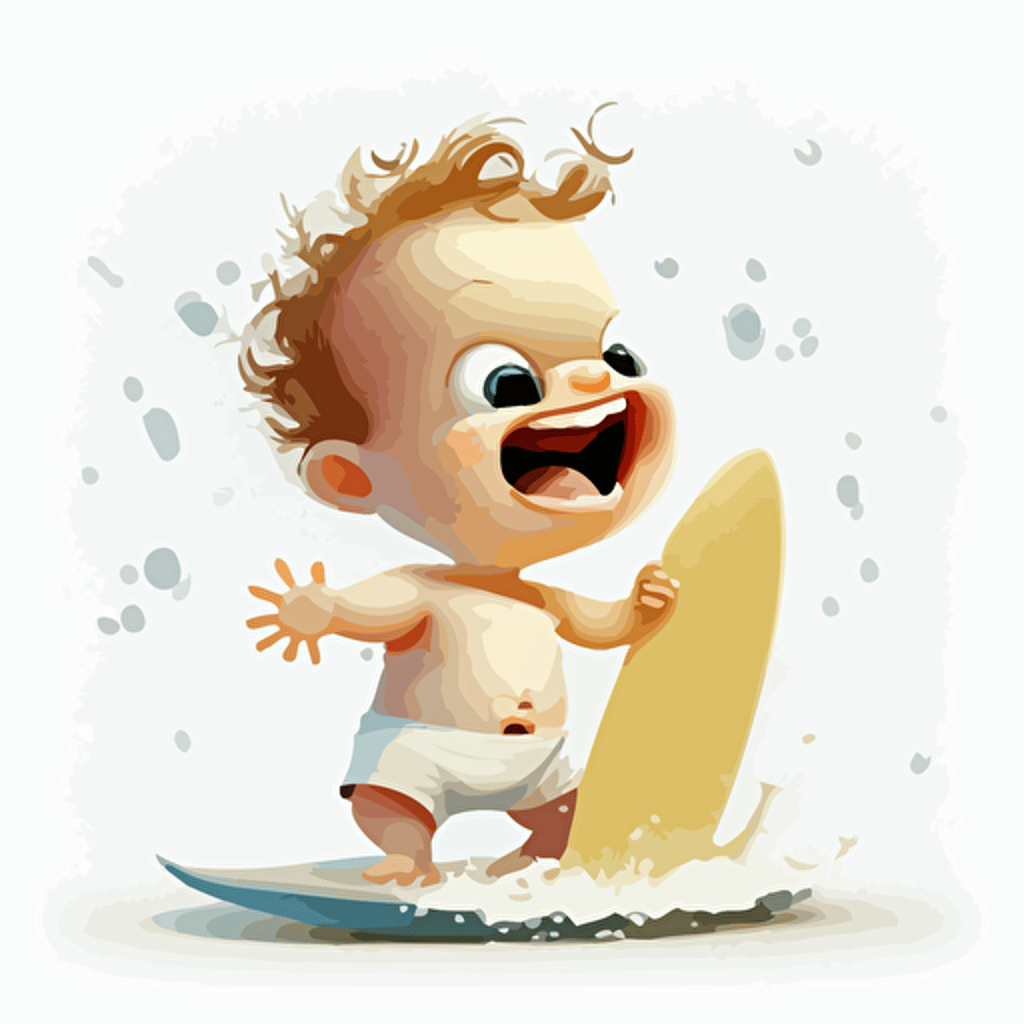 A gorgeus baby surfer, smiling, white background, vector art , pixar style