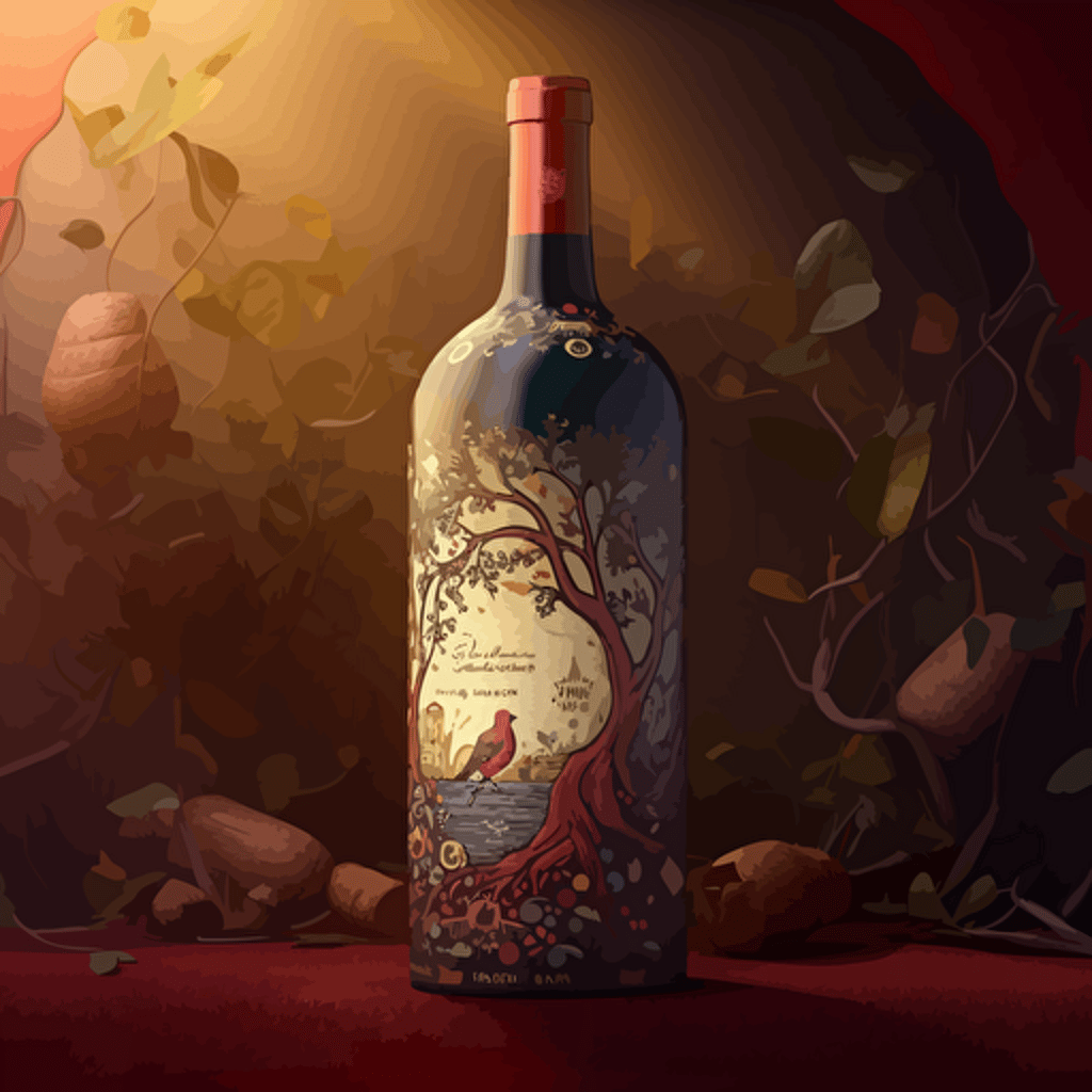 wine label, digital illustration, fine art, pathfinder edition, simple vector, magical, colorfull