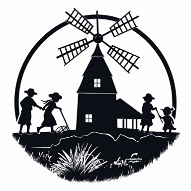 Australian country kids vector logo, no kids, including a windmill, black mininal, white background