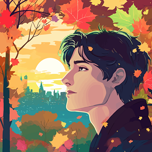 close-up shot of cute 25-year-old male poet, background of maple trees overhanging a crystalline river, the maple leaves radiate rainbow light, background of distant green hills, a shining city's buildings sparkle on the distant hills, a sky full of stars, the milky way, detailed, vector, style of bruce weber, alphonse mucha, yoshitaka amano, granblue fantasy, photorealism