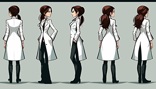 character design, vector illustration, female doctor, front side back views, 6 panels