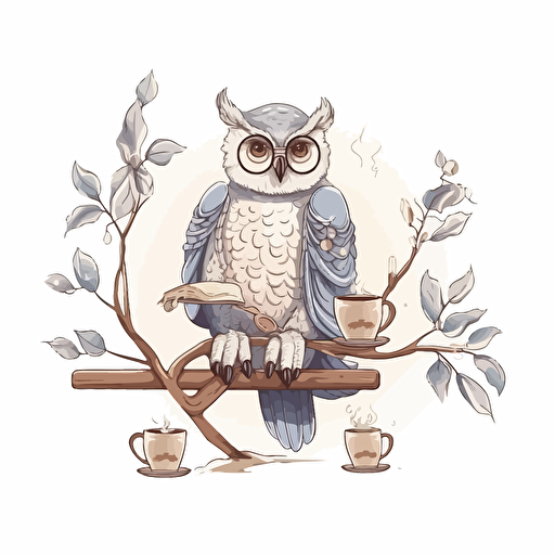 Barista style, a happy Owl reading a book, gray color and cream color owl, sitting on a branch, vector illustration