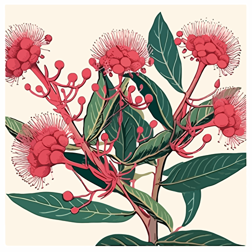 a vector flat image of a single stem of gum flowers up close. No shading. Block print red pink and green. Simple.