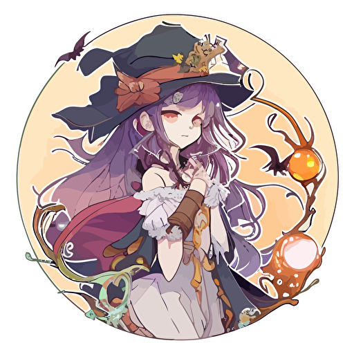 Beautiful Witch using magic, Sticker, Lovely, Satin Colors, Anime, Contour, Vector, White Background, Detailed