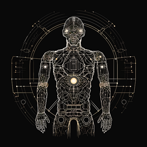 Sacred geometry, Banksy style, black background, large closed shapes, fantasy roboter, white space to fill, abstract, artistic, pen outline, white background, very simple, full field of view, centre, minimalistic logo vector art , simple flat vector logo