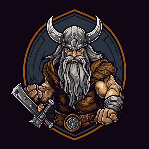 vector logo full bocy muscular viking holding battle axe in one hand and viking helmet in other hand
