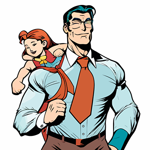 Superhero dad wearing a tie, Clipart, joyful, Primary Color, Disney, Contour, Vector, White Background, Detailed