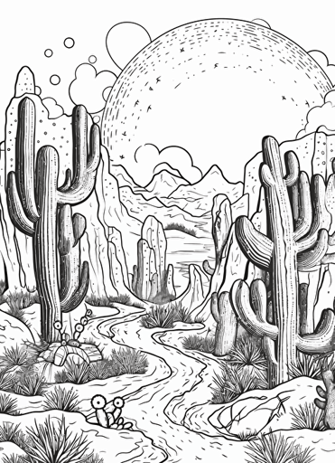 2d illustration, simple vector magical desert coloring page
