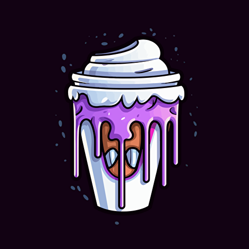 a vector design of a white styrofoam cup tipped over dripping purple syrup, cartoon style, sticker, black background