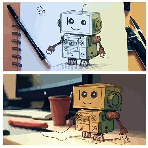draw a 2D vector, cartoon, cute, happy robot, a simple drawing, in color but bordered with a black line, flat drawing and without details on a white background.