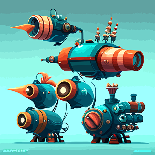 5 cartoony complex aquatic bazookas lined up, vector, theme is atlantic, coral, ocean, cartoony,bazooka, grenade launcher, turret, gun, flame thrower, 2D, concept art, Pet Simulator X