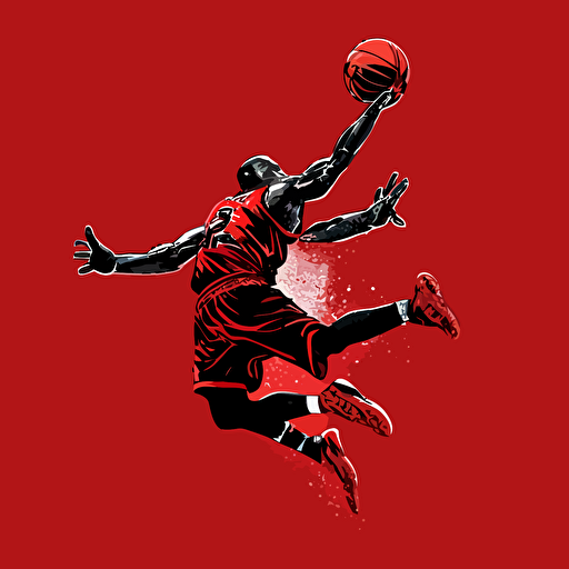 Michael Jordan flying in the air with a basketball, black red background, 2d illustration, ink, detailed facial expression, vector art
