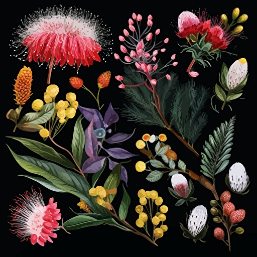 A collection on black with australian native christmas flowers, watercolour, vector, clipart, intricate, ultra