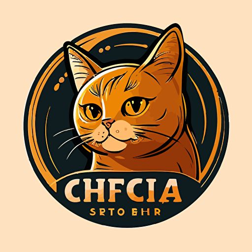 cat pet shop logo, brishtish short hair golden cat, round face, smiling, big round eyes, has a name tag, lovely cute cat, cirble background, vector art style