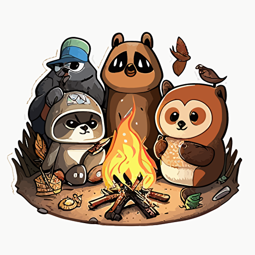 cartoon racoon, bear, bunny, owl gathered around fire camping vector art sticker