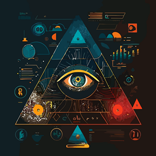 Within a dynamic digital exchange, a shimmering digital pyramid catches the eye, its unique patterns and colors encircled by a fluid aura representing ownership and security, as digits and symbols create a colorful vortex, showcasing the diversity of NFTs in the blockchain world. Flat illustration, UI illustration, GUI, Minimalism, dark background, vector, trending on Dribbble, Pinterest,