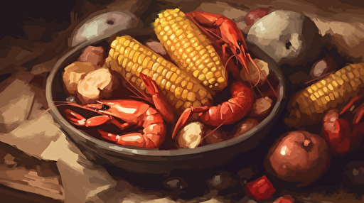 a close up of a crawfish boil, mixture of crawfish, corn cobs, sliced saugages, small red potatoes, vector, oil painting style