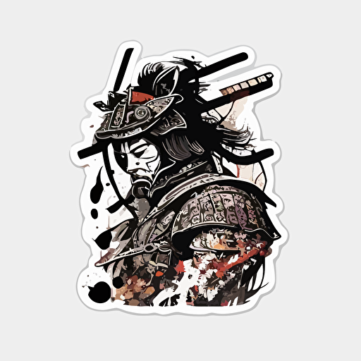 Samurai, Sticker, Happy, Textured, Street Art, Contour, Vector, White Background, Detailed