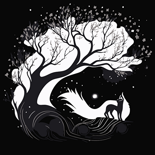 incredible looking kitsune with many flowing tails in asain forest at night, vector logo, vector art, emblem, simple cartoon, 2d, no text, white background