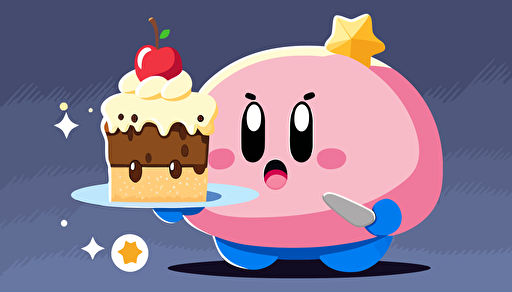 kirby holding a birthday cake, vector art, flat backgound,