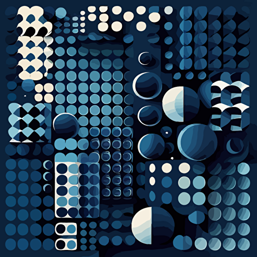 a stunning vector illustration showcasing the transformation between atoms and pixels, using a dark blue color palette and flat vectors. Emulate Vasarely's style by incorporating geometric shapes and patterns, while avoiding the use of shades and gradients. Experiment with various shapes and sizes to create an optical illusion that will capture the viewer's attention.