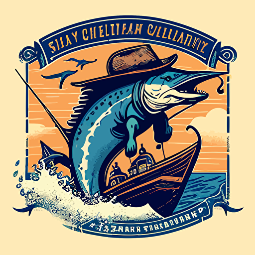 Logo retro design for an offshore fishing and scenic boating charter company called "Saltwater Cowboy Charters" that features a large cartoon style blue marlin with a cowboy riding on his back, while smilling wearing sunglasses, flat, vector, 2D