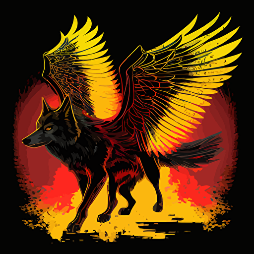 wolf with wings, black, yellow, red, vector
