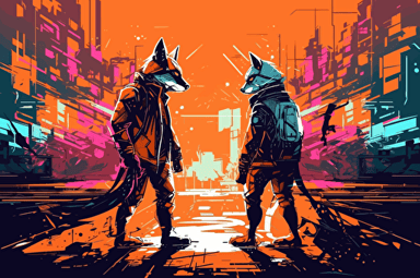 fight between shiba inu cyber punk and fox dark shiba inu outfit battle, city cyber punk, anime background, vector