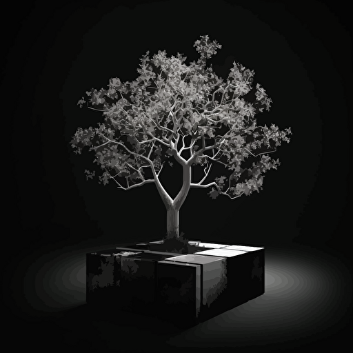Black background hight contrasted by a white vectorise and minimal 2D style cube tree