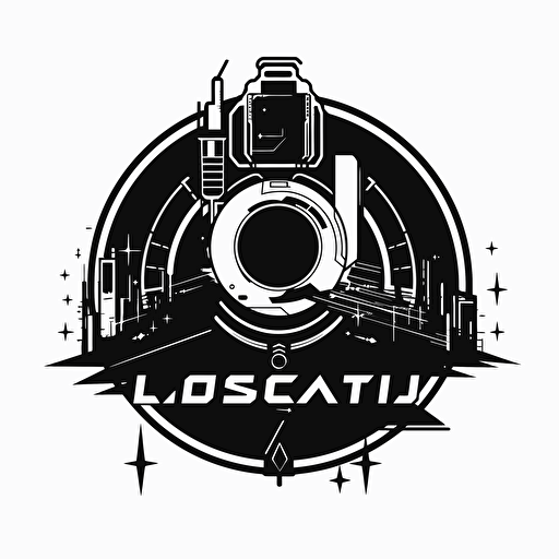 A DJ logo with text "Lost Signal", black white color, vector, sci fi style