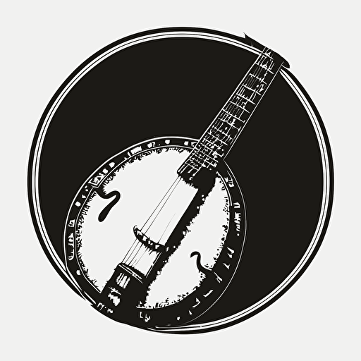 black and white simple vector drawing of bluegrass banjo, sticker