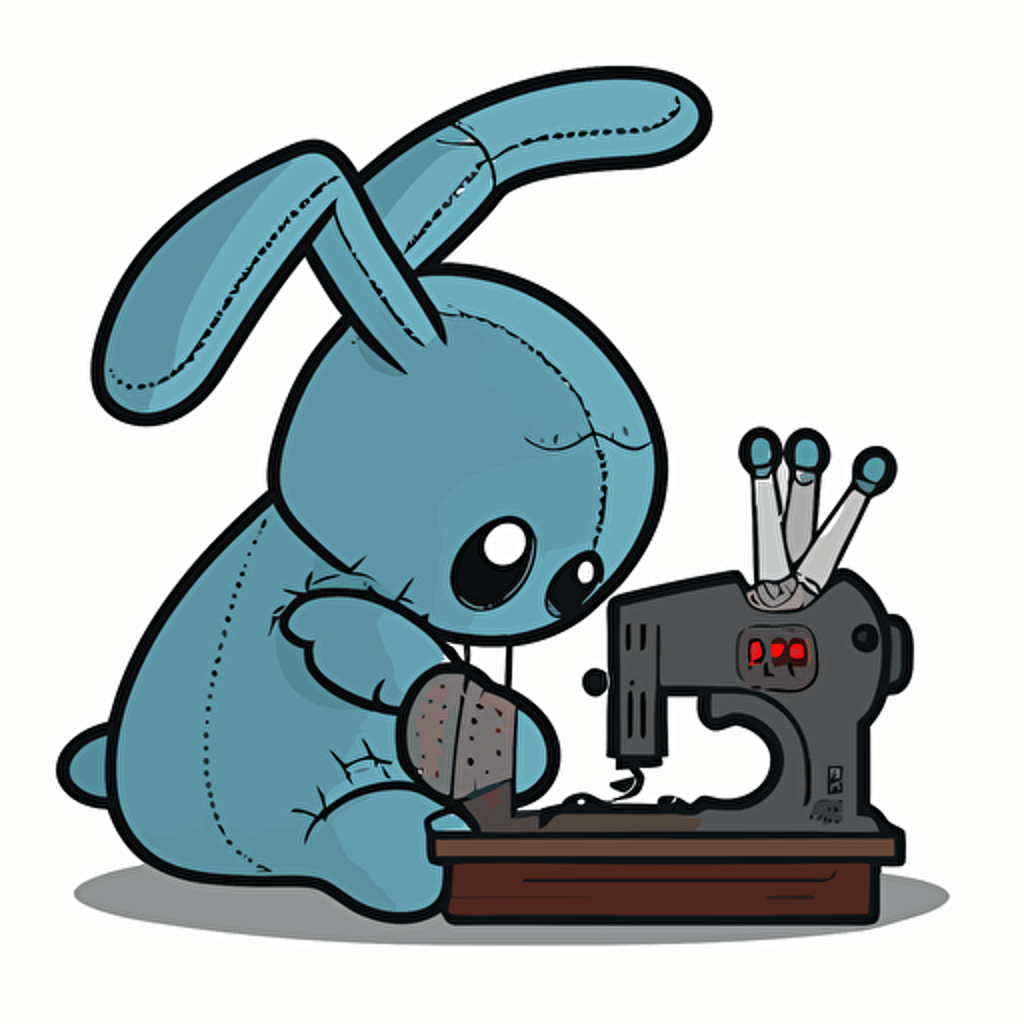 a simple vector style logo of a bunny creature sewing a pair of shorts