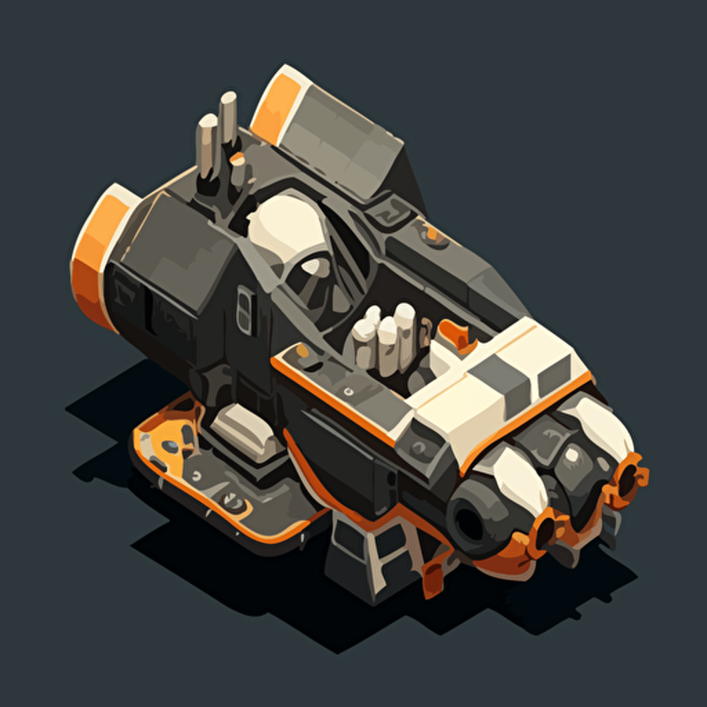 heavy duty space vessel, vector, simple, top down, isometric, orange and grey, black background