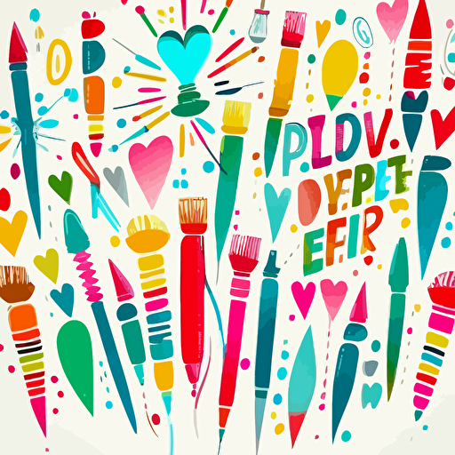 A whimsical and colorful design featuring a variety of art supplies, such as paintbrushes, pencils, and markers, arranged in a pattern that spells out "Arty-World", The style is playful and cheerful, with a bright and cheerful color palette, Lighting is soft and diffused, creating a warm and inviting atmosphere, illustration, vector, contour, white background, v