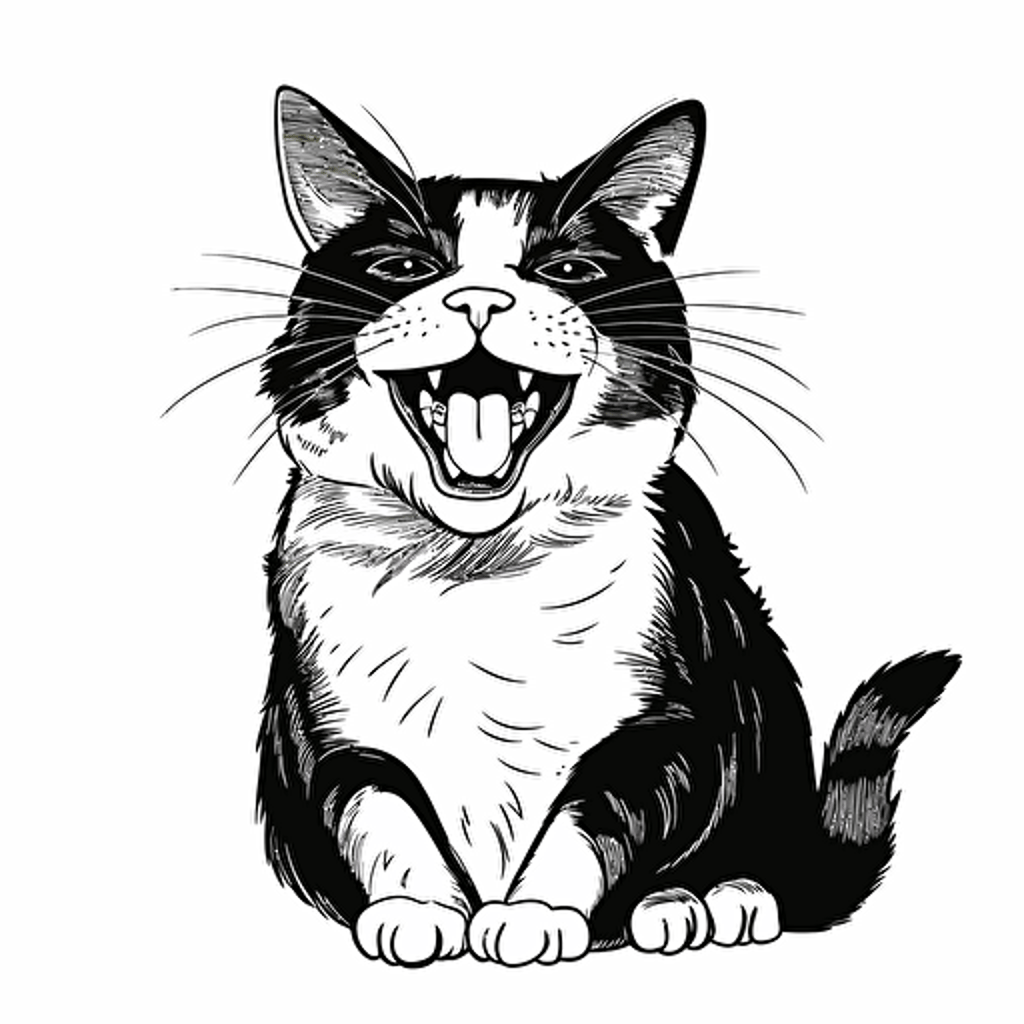 cat laughing, black and white illustration, vector isolated on white